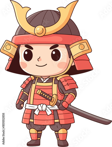Cute Japanese Samurai Flat Vector Illustration Traditional Warrior Character Pastel Style
