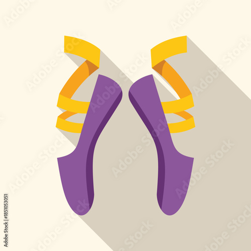 Pair of purple ballet pointe shoes with yellow ribbons on a light background