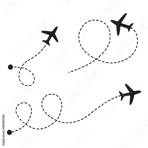 Line path vector icons of an airplane 
flight routes with start point and dashed line trace vector