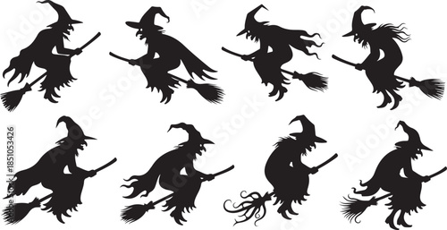 Flying Witch on Broom Silhouette Set – Halloween Magic Black Vector Icons on White Background.