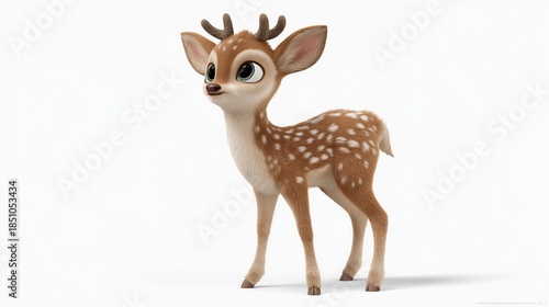 3D Rendered Cute Cartoon Spotted Brown & White Fawn Deer with Small Antlers, Adorable Expression, Standing in Simple Studio Light against White Background