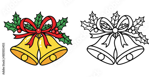 Vector illustration of golden Christmas bells with red bow and holly berries, presented in both colorful cartoon style and black and white line art suitable for coloring book pages or icons.