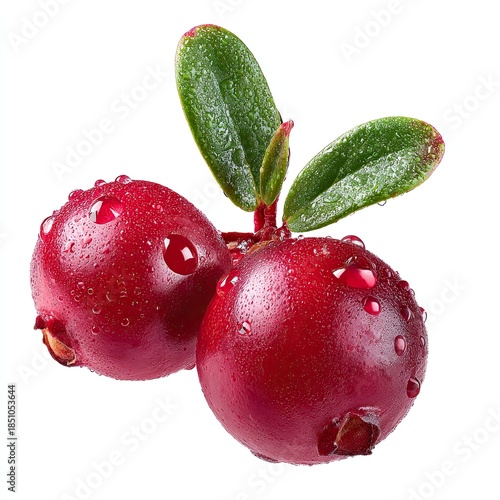 Close - up of Fresh Red Cranberries (Berry) with Waterdrops, Green Leaves on White Background—Glossy, Natural, Organic & Fresh