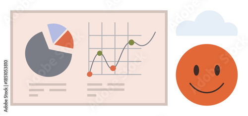 Line and pie chart represent data trends and statistics. happy face and cloud symbolize success, optimism, and clarity. Ideal for business, analytics, education, marketing, reports motivation