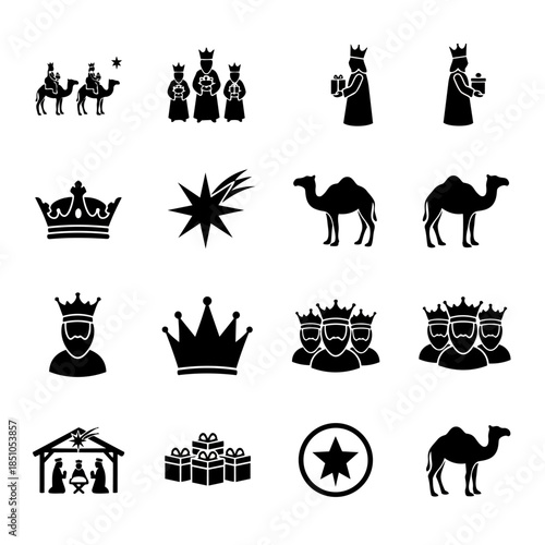 Three Kings Day Epiphany Icons Set Wise Men Camels Star Gifts Silhouette Vector Collection