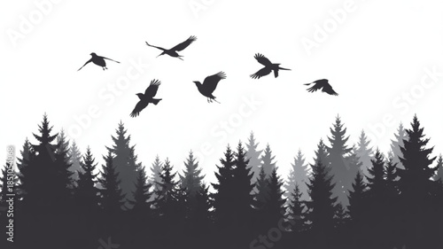Silhouette of birds flying over a dense pine