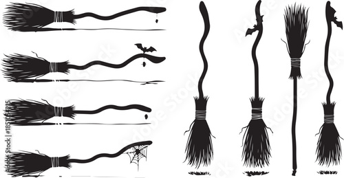 Flying Witch on Broom Silhouette Set – Halloween Magic Black Vector Icons on White Background.