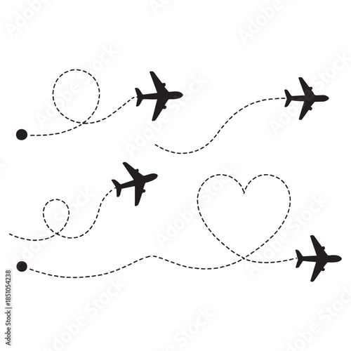 Line path vector icons of an airplane 
flight routes with start point and dashed line trace vector