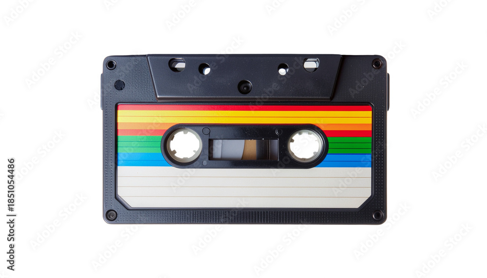Obraz premium Retro Black Plastic Cassette Tape with Vibrant Horizontal Label Design, Vintage Music Media, Isolated on Transparent Background PNG