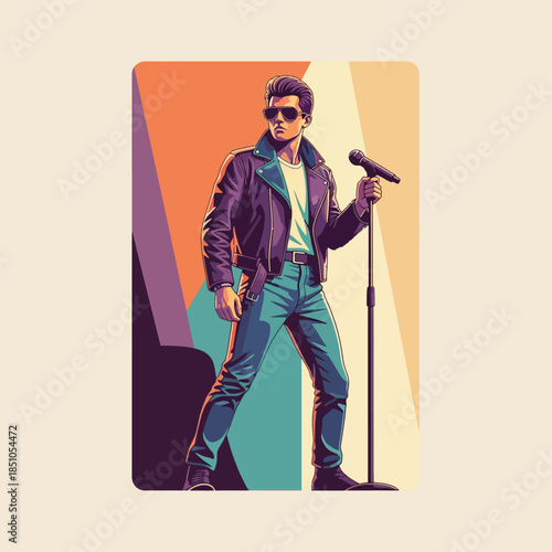 Retro Rock Singer Poster Flat Vector Illustration Vintage Music Performance Scene
