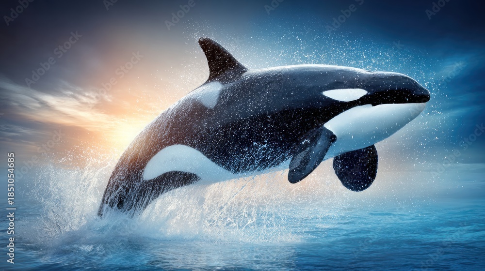 Obraz premium Orca breaches ocean waves at sunset with dramatic sky.