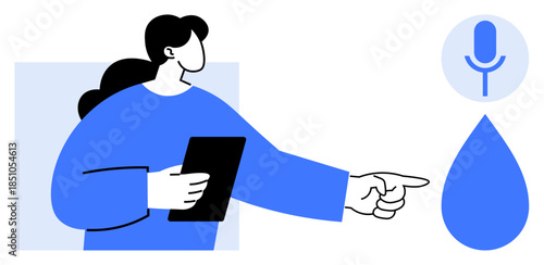 Voice recognition systems, digital assistants, user interaction, smart technology, modern communication, tech support. Woman holding tablet and pointing towards a microphone icon. Voice recognition