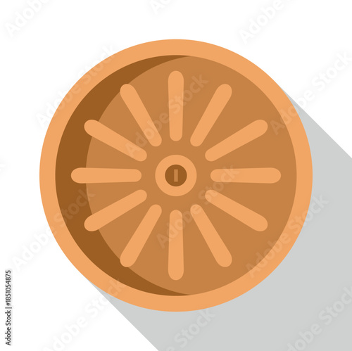 Wooden wagon wheel icon with spokes and hub, casting a long shadow