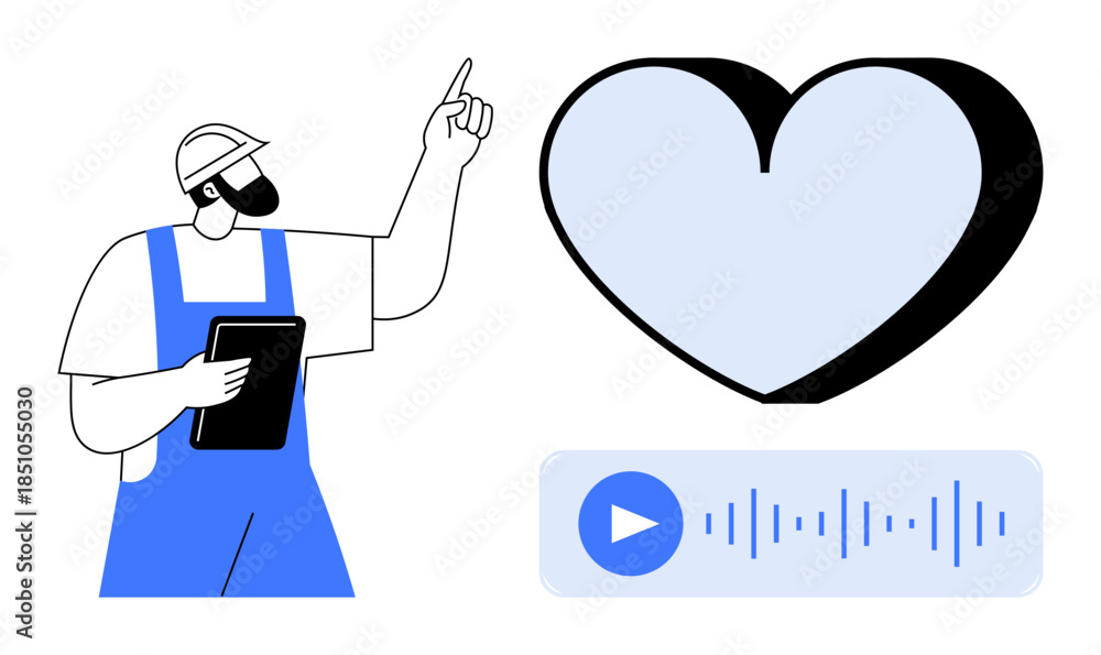 Obraz premium Teamwork, communication, digital tools, work-life balance, health, podcasts. A worker holds a tablet and points to a heart, accompanied by an audio wave and play button. Teamwork and communication