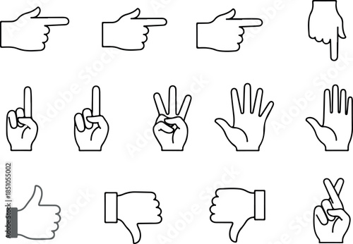 Collection of Hand Gestures Pointing, Counting, Thumbs Up & Down Line Icons