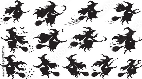 Flying Witch on Broom Silhouette Set – Halloween Magic Black Vector Icons on White Background.