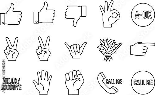 Line art illustration of various hand gestures for communication and expression