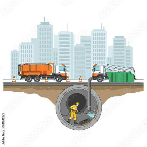 City Sewage Pipe Cleaning Service Illustration