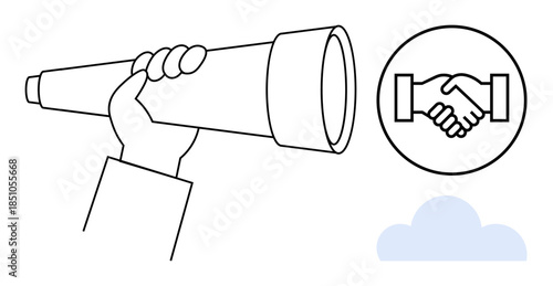 Vision concept. Vision by a telescope and handshake for collaboration, progress, and partnerships. Vision s teamwork and unity. For business, teamwork, strategy, innovation partnerships