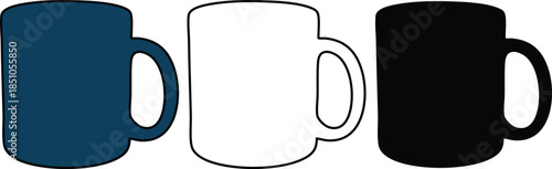 Three Coffee Mugs in Different Colors  Blue White Black