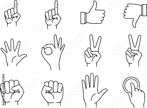 Diverse Hand Gestures Line Art OK, Peace, Touch, Thumbs Up