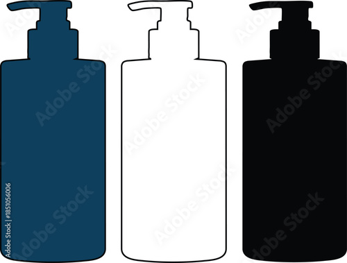 Three dispenser bottles in different colors for cosmetic or soap packaging  blue white and black