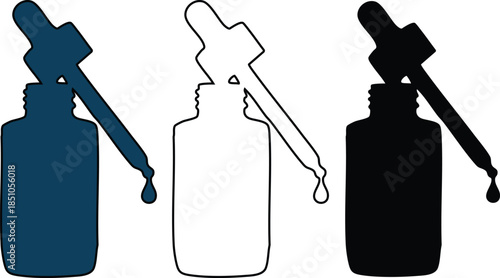 three dropper bottles in different colors with droppers on top and a drop falling down isolated on white background