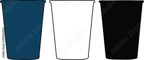 Three disposable cups in blue white and black colors for beverage serving