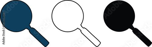 Three magnifying glasses in different colors and line styles for search and inspection purposes