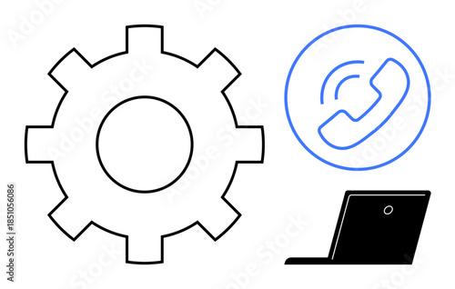 Business operations, tech integration, productivity tools, workflow systems, remote work, communication tools. Gear, laptop phone icon. s productivity tools and communication