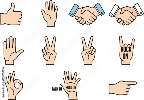 Diverse Hand Gestures Graphic Thumbs Up, Peace Sign, Handshake & More