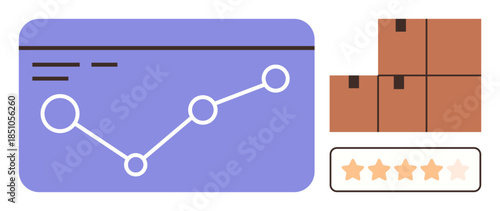 Line graph tracking analytics, packaged boxes, and a customer rating bar. Ideal for delivery performance, customer feedback, supply chain, logistics strategy, e-commerce, shipping efficiency simple