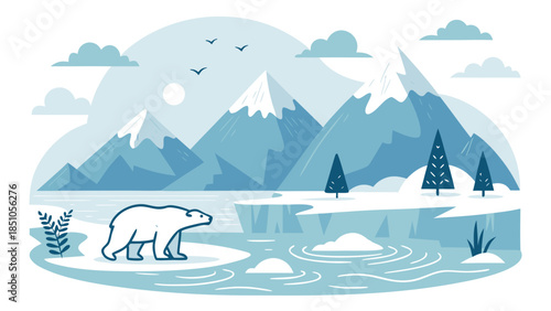 Vector illustration of a cold winter landscape featuring snowy mountains and green trees under a blue sky with clouds for a Christmas nature travel design