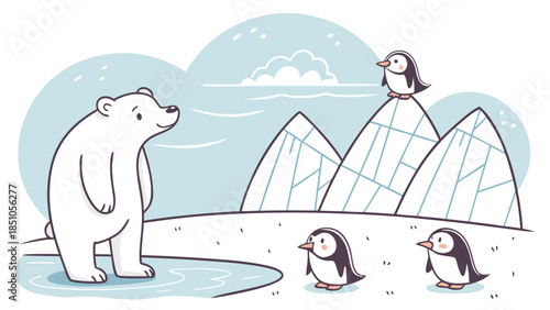 Cute cartoon polar bear character smiling on the beach and arctic ice in a funny winter vector illustration drawing for Christmas nature art