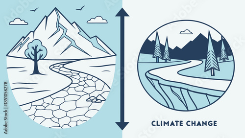 Vector illustration of a mountain landscape featuring a sailing yacht on a summer sea under a bright sun with ocean waves and nature travel icons