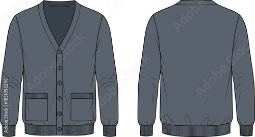 Cardigan sweater technical sketch, front and back view, V-neckline, button closure, patch pockets, ribbed cuffs, hem, fashion illustration