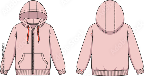 Hooded sweatshirt technical sketch, front and back view, zipper closure, drawstring hood, ribbed cuffs, hem, fashion illustration, garment design