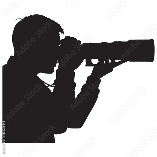 Photographer holding camera silhouette isolated.
Professional photographer with telephoto lens.
Silhouette of man taking photo.