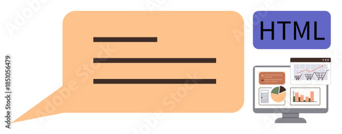 Code displayed in speech bubble next to HTML label and monitor showing website analytics. Ideal for programming, web design, coding, analytics, data visualization, technology, education. Simple flat