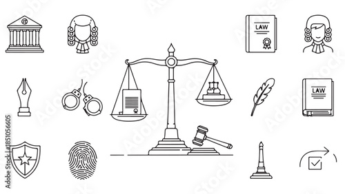 Legal law vector icons, justice balance contract agreement, minimal line design