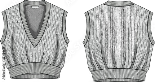 Knitted vest technical sketch, front and back view, sleeveless design, deep V-neckline, ribbed trim, hem, fashion illustration, textured knitwear