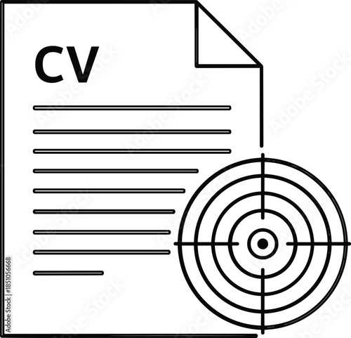 Curriculum vitae document icon with target symbol for career goals and job hunting in cad drawing flat vector illustration style for recruitment design