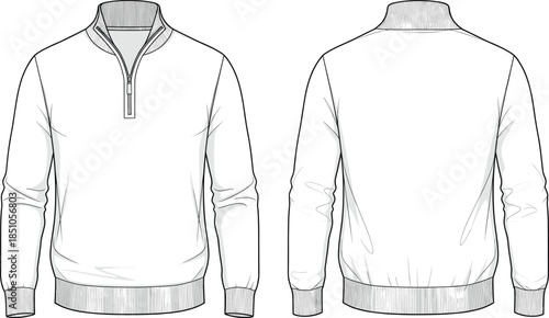 Men’s pullover sweater technical sketch, front and back view, quarter-zip collar, ribbed cuffs, hem, fashion illustration, garment design
