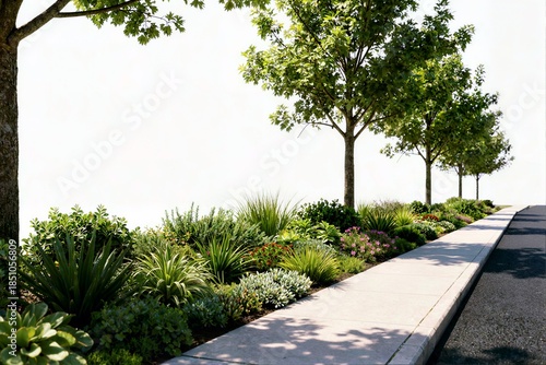 A clean sidewalk lined with a diverse selection of low-maintenance plants and ornamental shrubs under a row of young deciduous trees in summer.