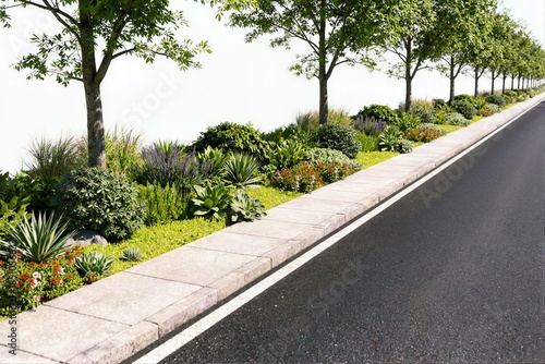 A long straight asphalt road features a modern landscape design with a stone tile sidewalk and a variety of green shrubs and trees.