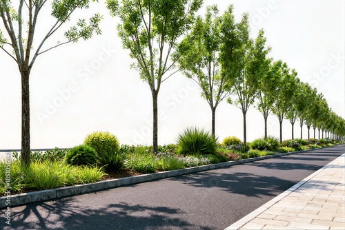 Professional urban landscaping with a row of slender trees and a dense border of ornamental plants along a clean paved asphalt road.