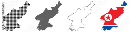 North Korea map set with dotted solid outline and flag style vector illustration