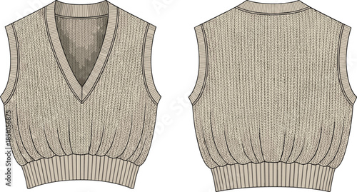 Knitted vest technical sketch, front and back view, V-neckline, ribbed trim, mottled texture, sleeveless design, fashion illustration, garment detail