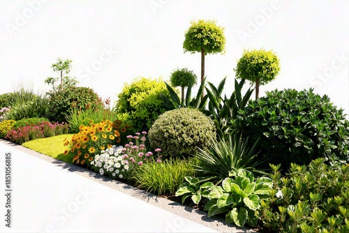 Topiary shrubs and colorful blooming flowers create a structured and elegant garden border featuring daisies and various green ornamental plants.