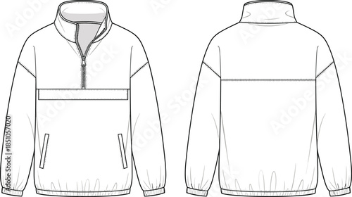 Pullover jacket technical sketch, front and back view, high collar, half-zip closure, slanted pockets, elastic cuffs, hem, fashion design